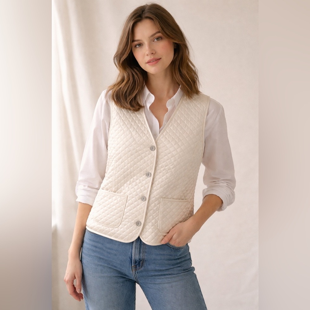 Vintage 90s Ivory Quilted Vest Jones & Co Rayon Lined Coastal Luxury Size M